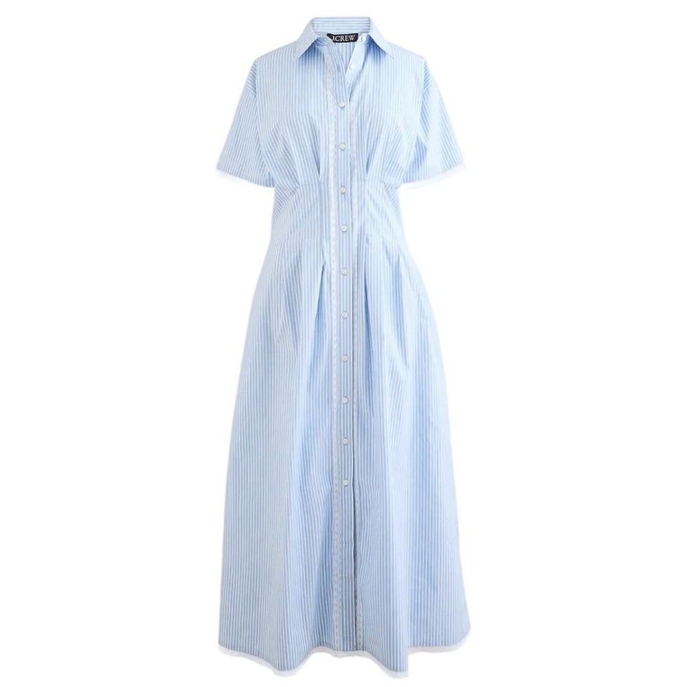 J.Crew Wren Striped Lace Trim Shirtdress Womens 10 Blue White PleatedCK807
